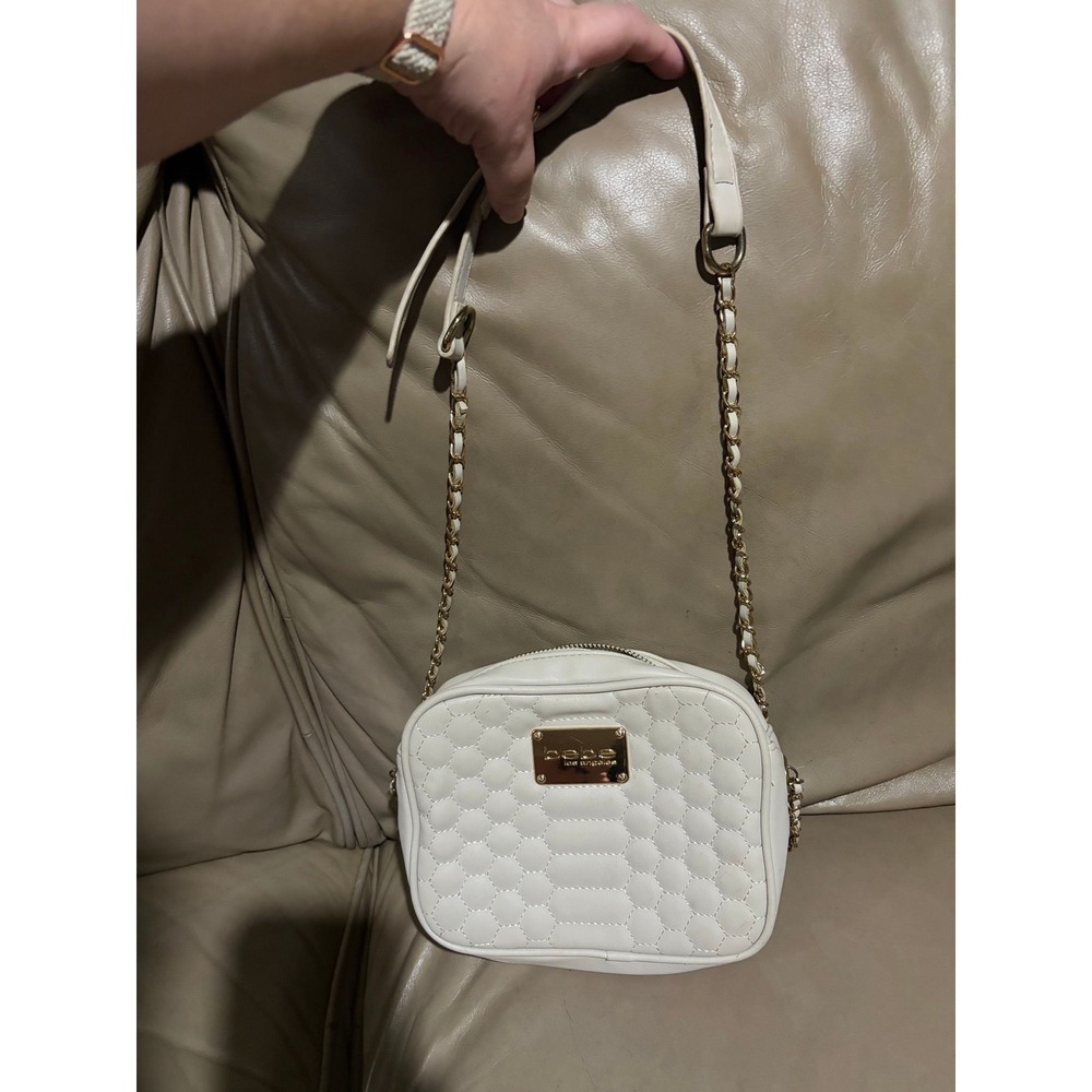 White Womens Bebe Crossbody Bag Quilted Honeycomb Gold Chain Strap